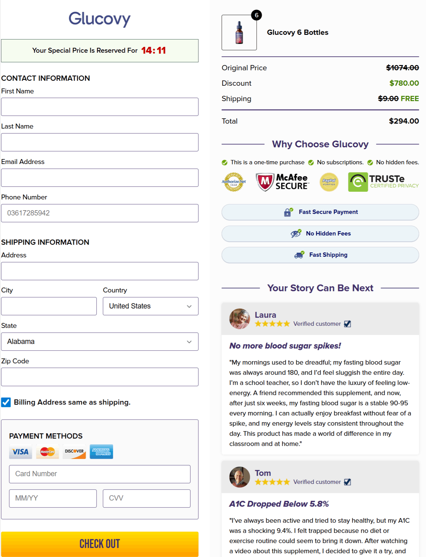 Glucovy Checkout page